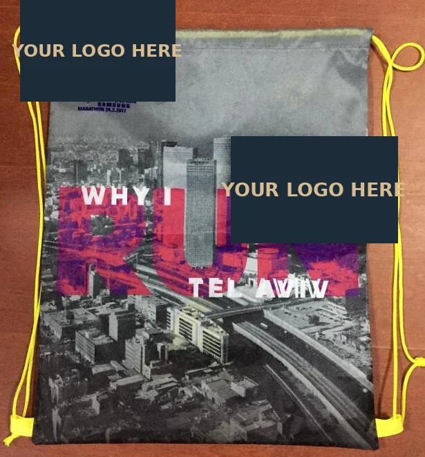 Drawstring bag with a photographic cityscape and contrasting printed lettering