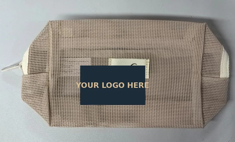 Mesh zipper pouch with a sewn label on the front