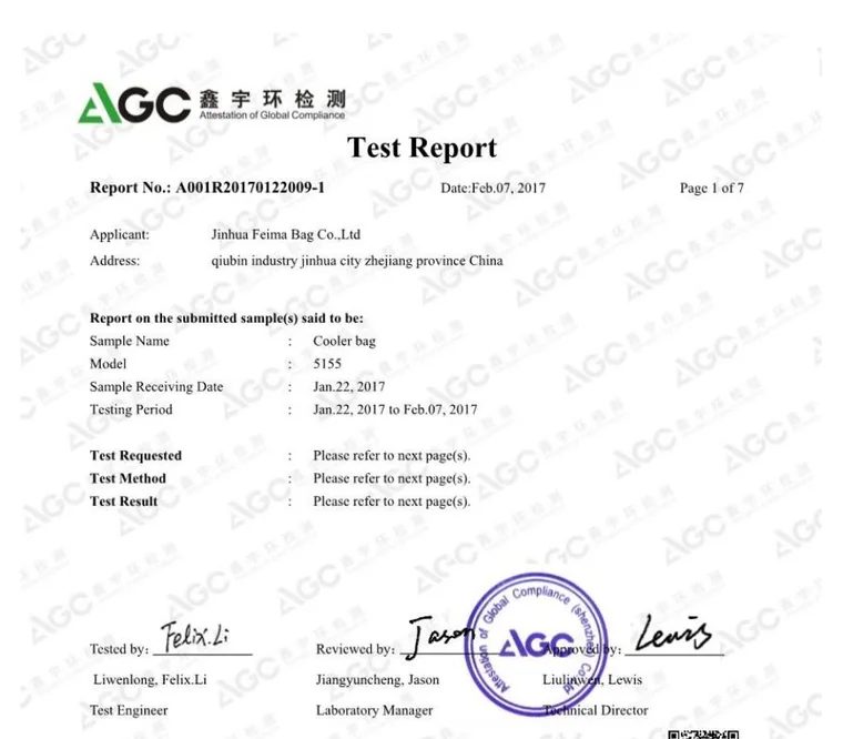 Cooler bag test report for Feima Bag, A001R20170122009-1