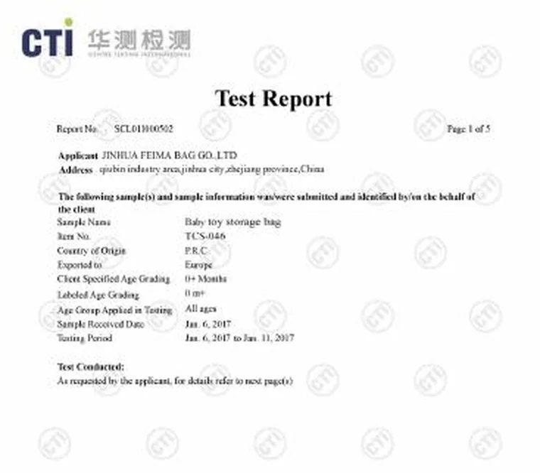 EN 71-1 / EN 71-2 — TCS-046 test report for Feima Bag, SCL01000502