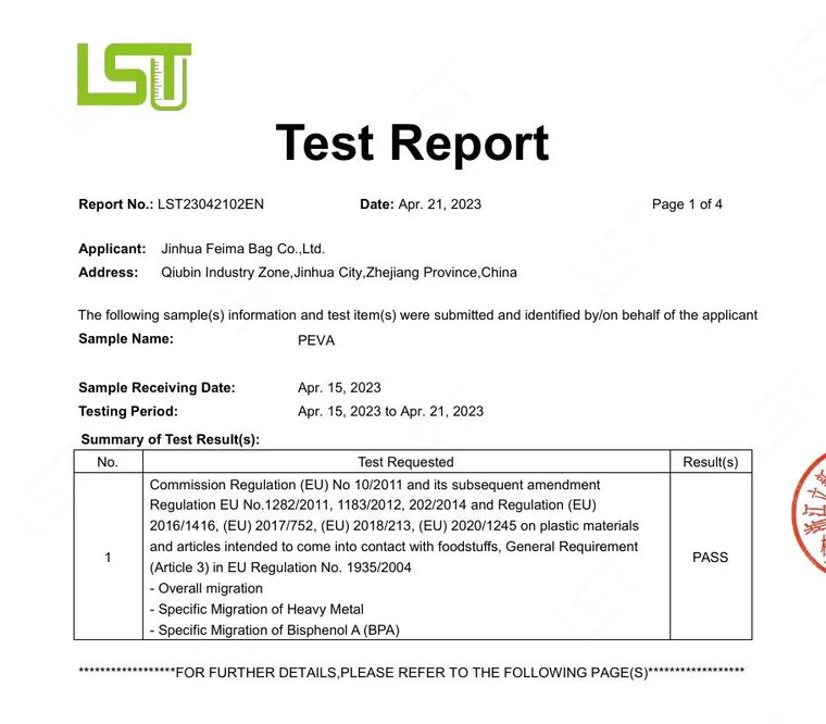 Food-contact material report for Feima Bag, LST23042102EN