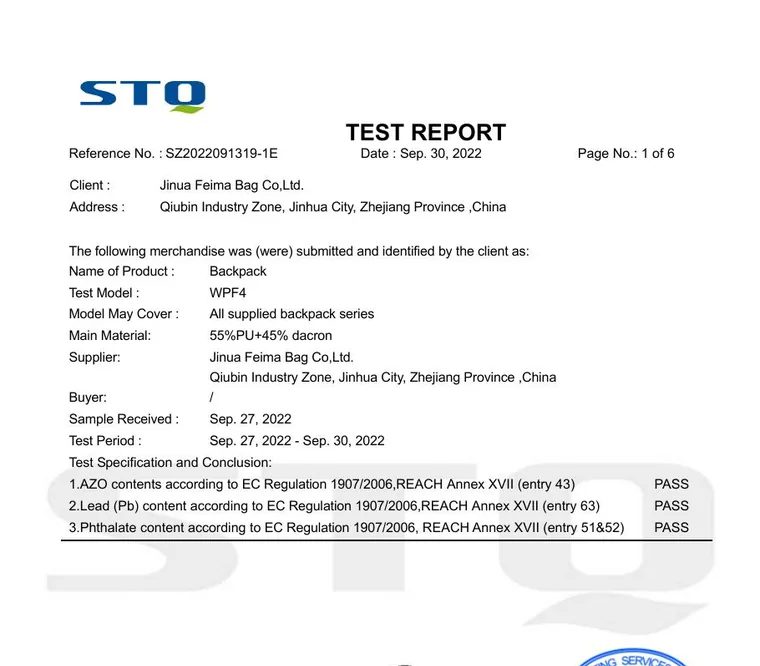 REACH — backpack test report for Feima Bag, SZ2022091319-1E