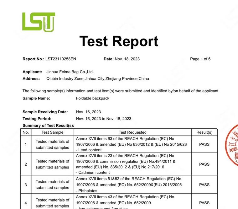 REACH — FHK-002 test report for Feima Bag, LST23110258EN