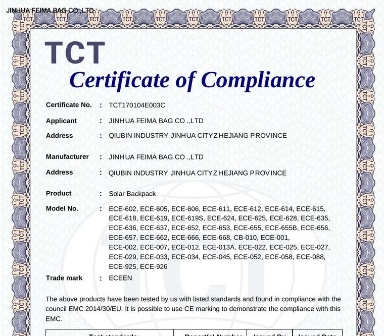 Solar backpack CE / EMC test report for Feima Bag, TCT170104E003C