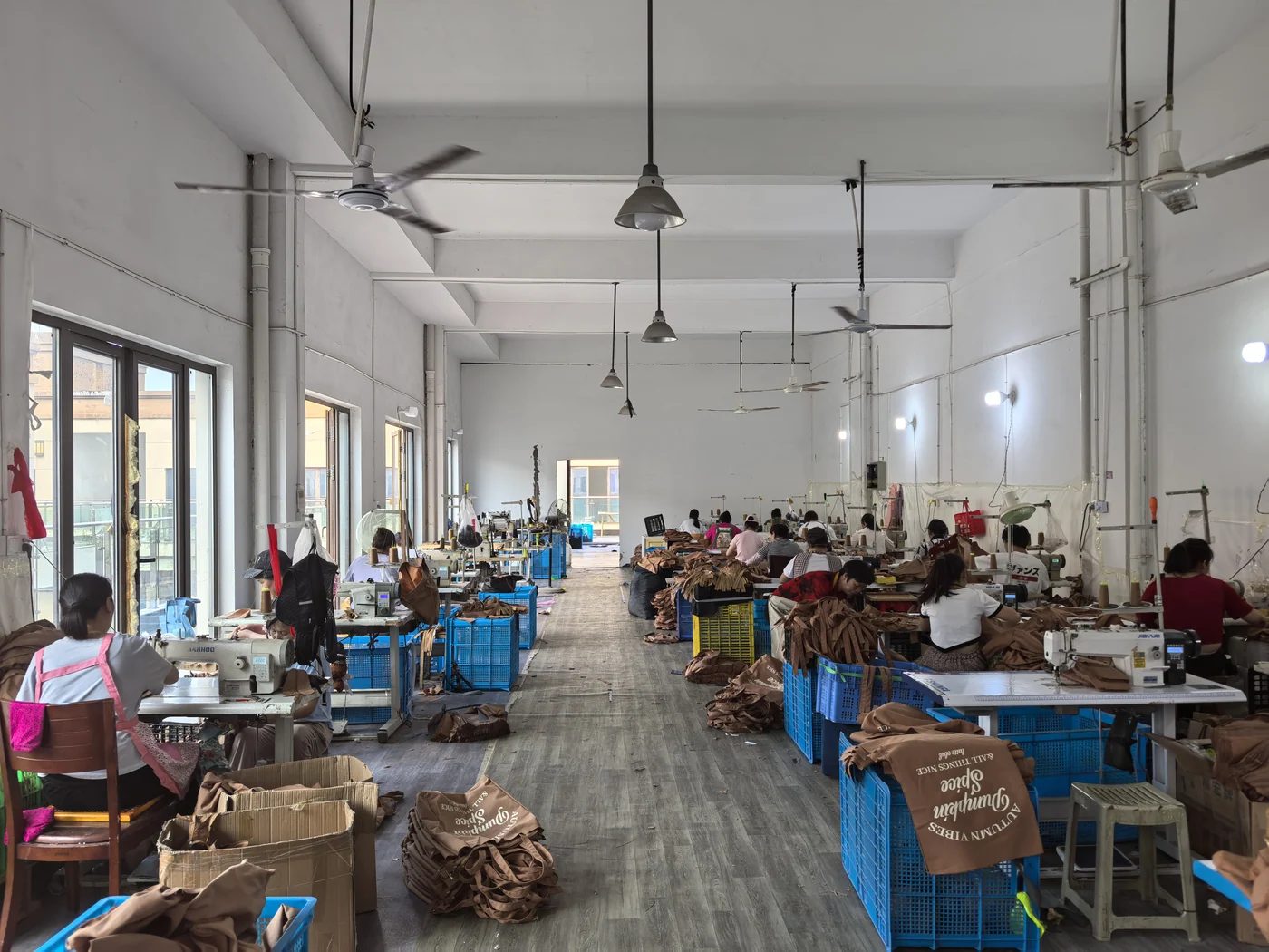 Sewing floor at the Feima bag factory in Jinhua, China