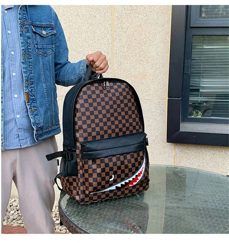 Checkerboard PU Backpack with Graphic Front Pocket FF-203 by Feima Bag