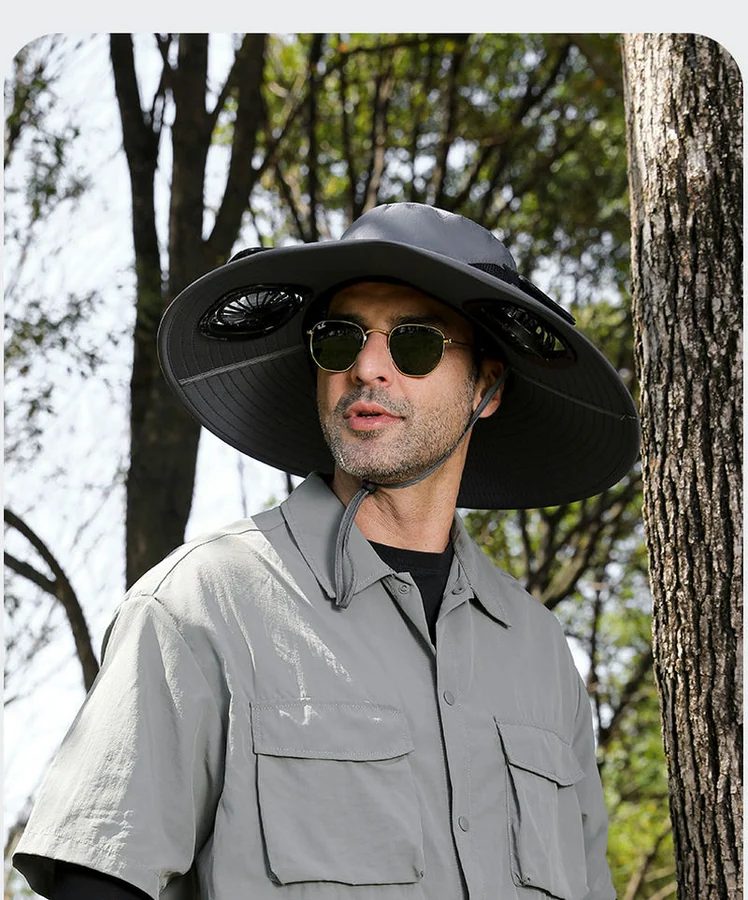 FHT-001 dark wide brim hat worn with two fan units and a chin cord