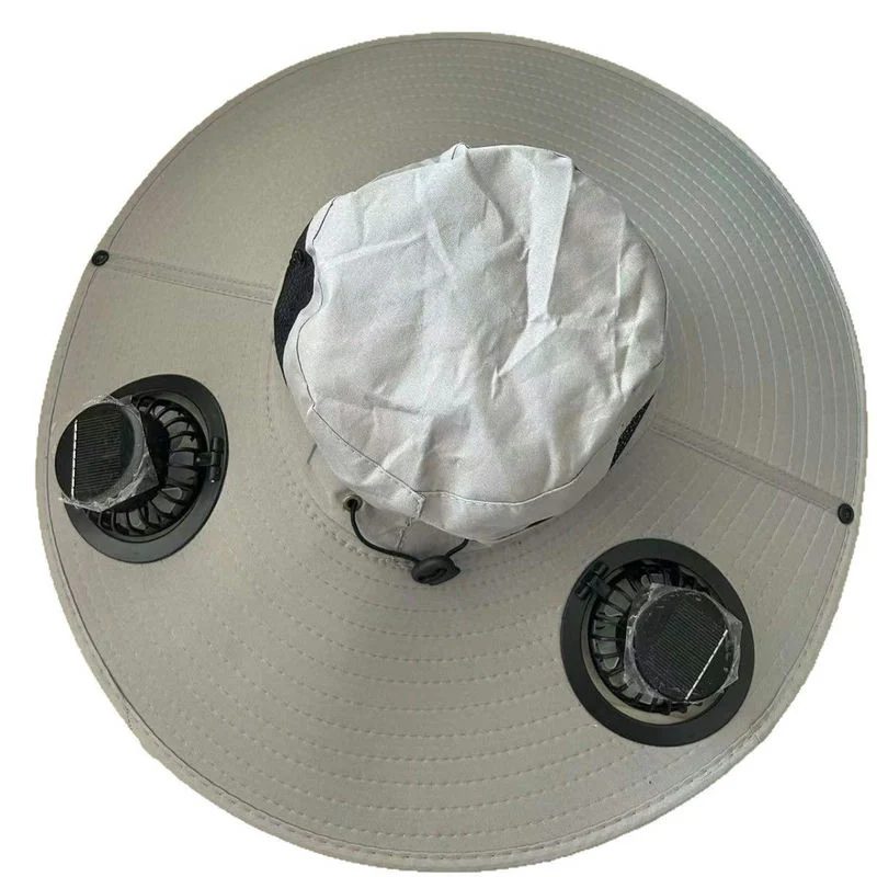 FHT-001 wide brim hat with two fan units, mesh crown panels and chin cord