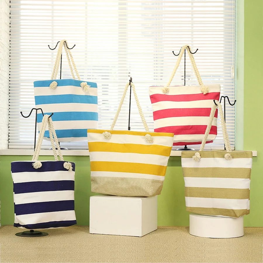 Striped Canvas Beach Tote with Rope Handles FB-004 by Feima Bag