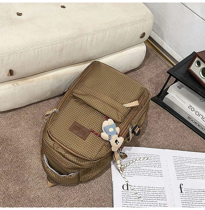 Fine Grid School Backpack with Stacked Front Pockets FG-149 by Feima Bag
