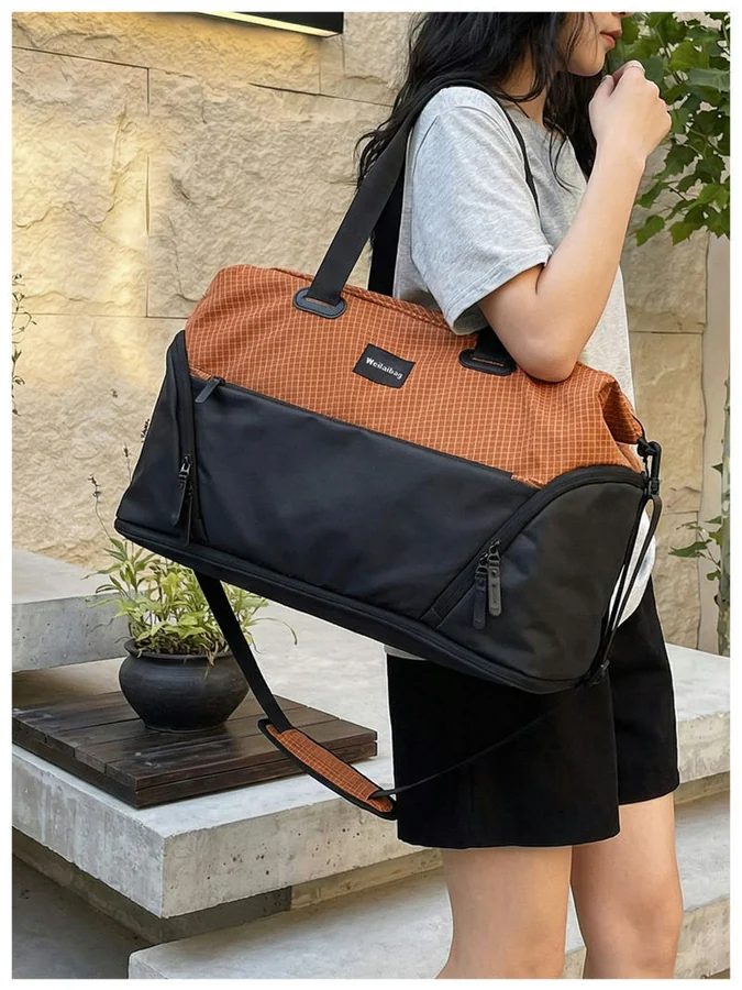 Travel Tote with Grid Upper Panel and Dark Base FC-114 by Feima Bag